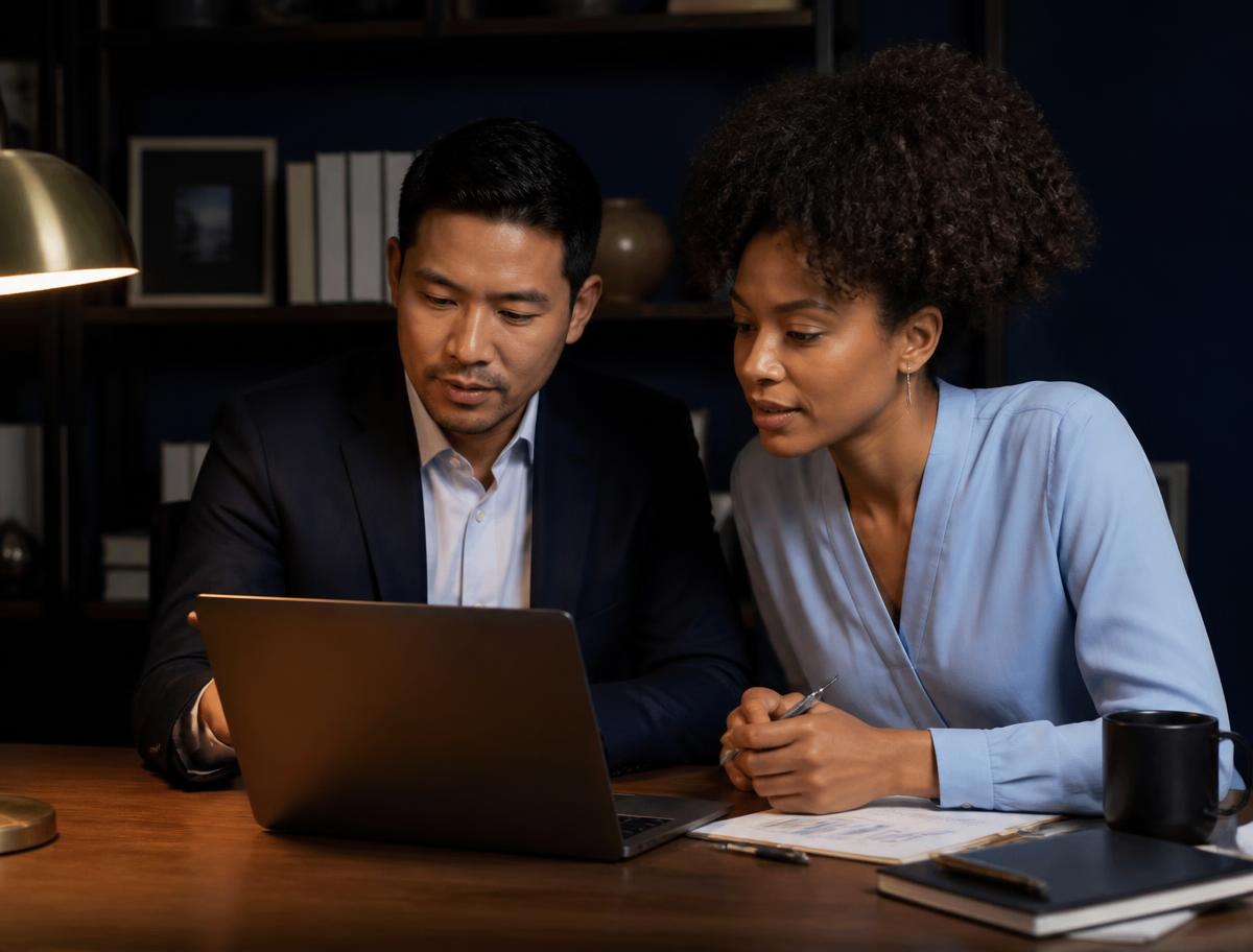 Two business owners reviewing numbers together